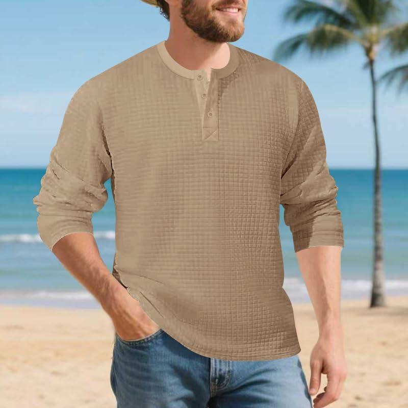 imageMens Quarter Button Sweater Mock Neck Pullover Sweater Fashion Casual Knitted Waffle Henley SweaterKhaki