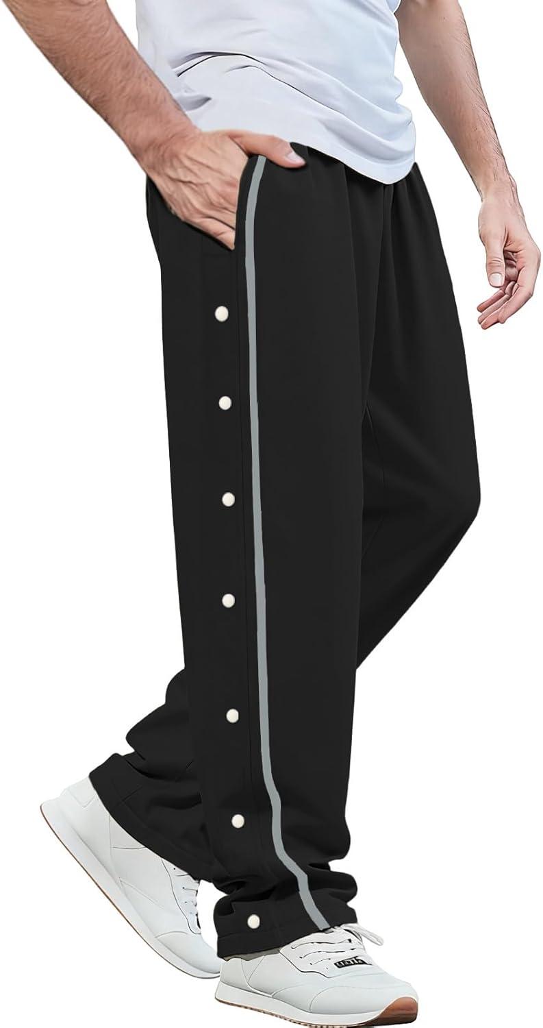 imageMens Youth Tear Away Sweatpants Loose Fit Snap Button Athletic Jogger Basketball Pants with PocketsBlack