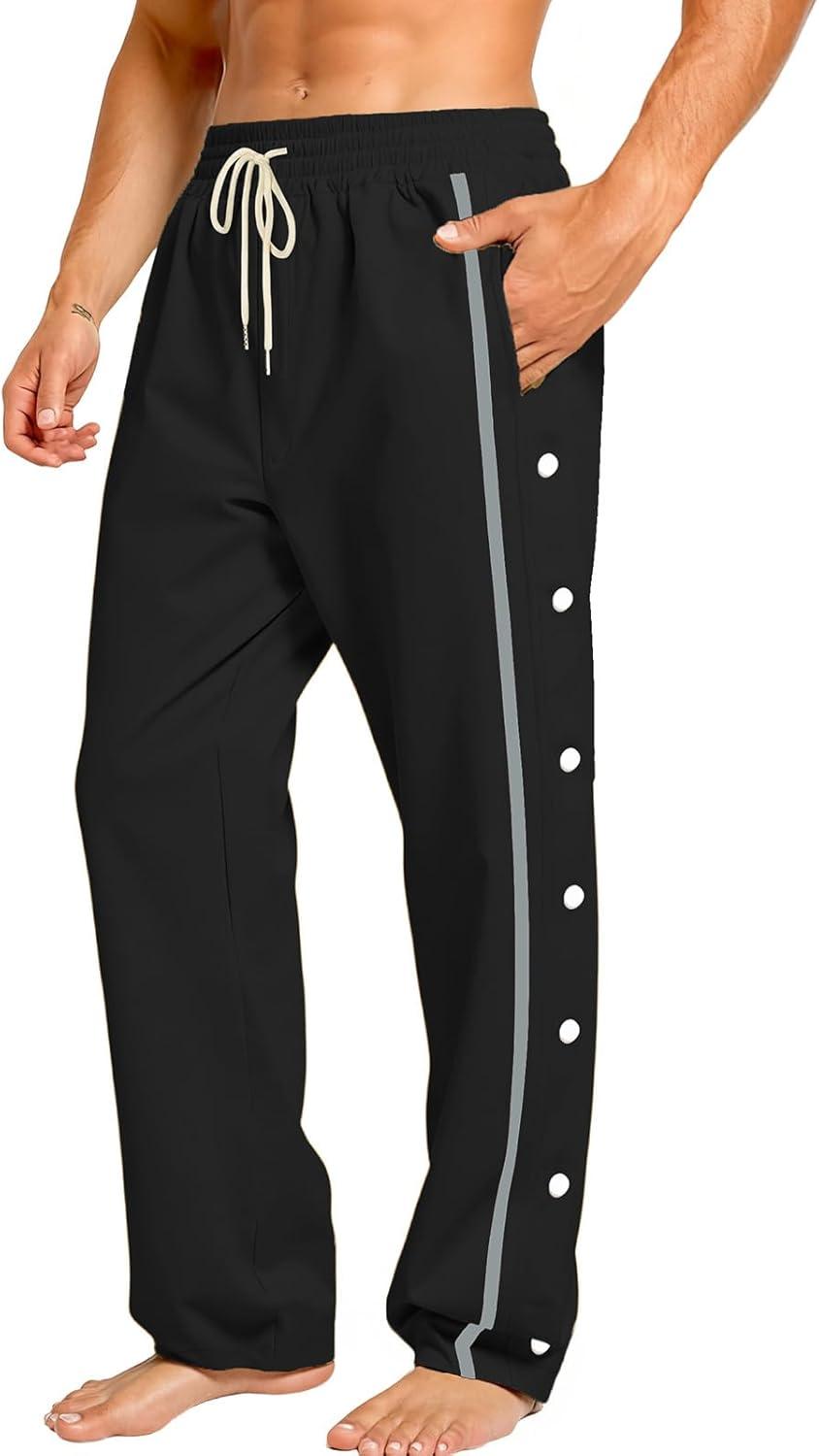 imageMens Youth Tear Away Sweatpants Loose Fit Snap Button Athletic Jogger Basketball Pants with PocketsBlack