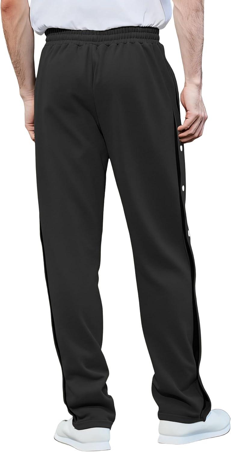 imageMens Youth Tear Away Sweatpants Loose Fit Snap Button Athletic Jogger Basketball Pants with PocketsBlack