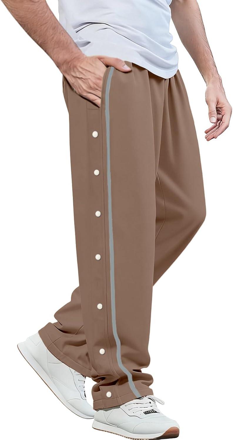 imageMens Youth Tear Away Sweatpants Loose Fit Snap Button Athletic Jogger Basketball Pants with PocketsBrown