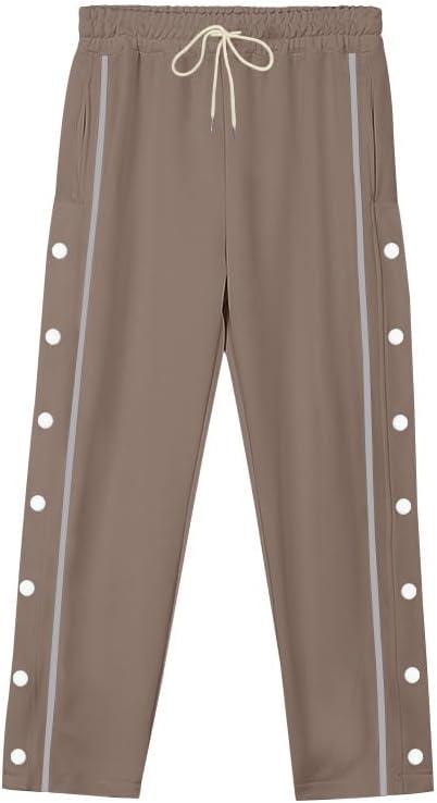 imageMens Youth Tear Away Sweatpants Loose Fit Snap Button Athletic Jogger Basketball Pants with PocketsBrown