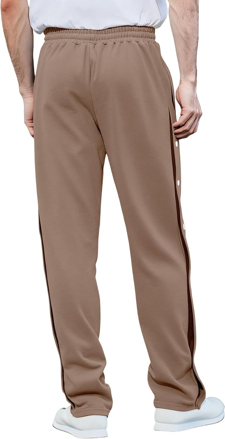 imageMens Youth Tear Away Sweatpants Loose Fit Snap Button Athletic Jogger Basketball Pants with PocketsBrown