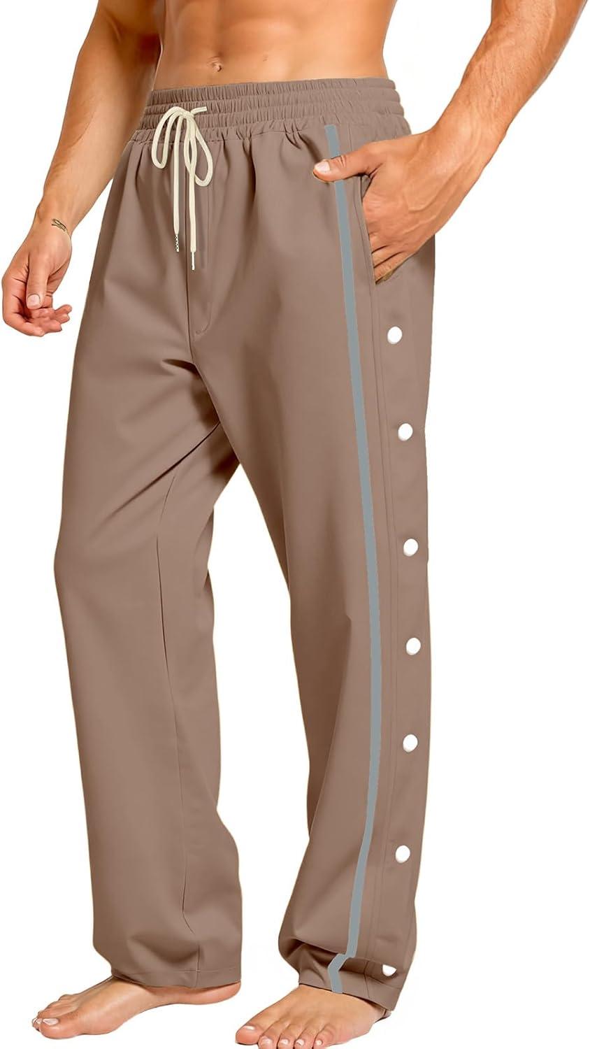 imageMens Youth Tear Away Sweatpants Loose Fit Snap Button Athletic Jogger Basketball Pants with PocketsBrown