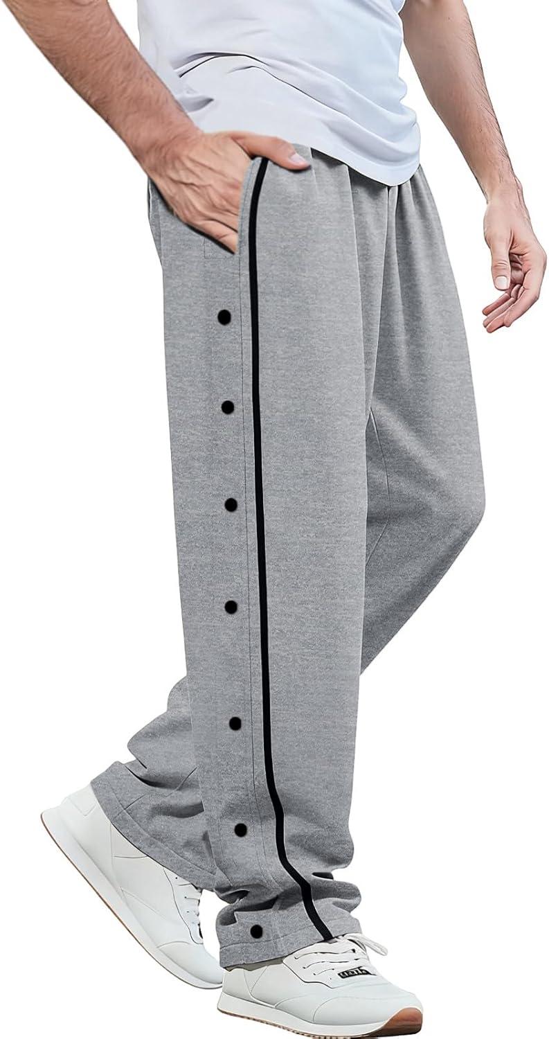imageMens Youth Tear Away Sweatpants Loose Fit Snap Button Athletic Jogger Basketball Pants with PocketsGrey