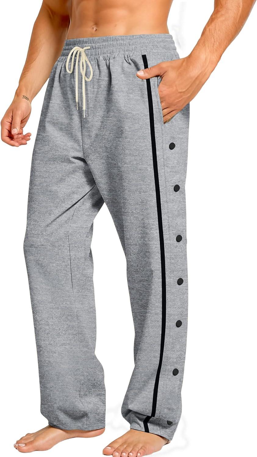imageMens Youth Tear Away Sweatpants Loose Fit Snap Button Athletic Jogger Basketball Pants with PocketsGrey
