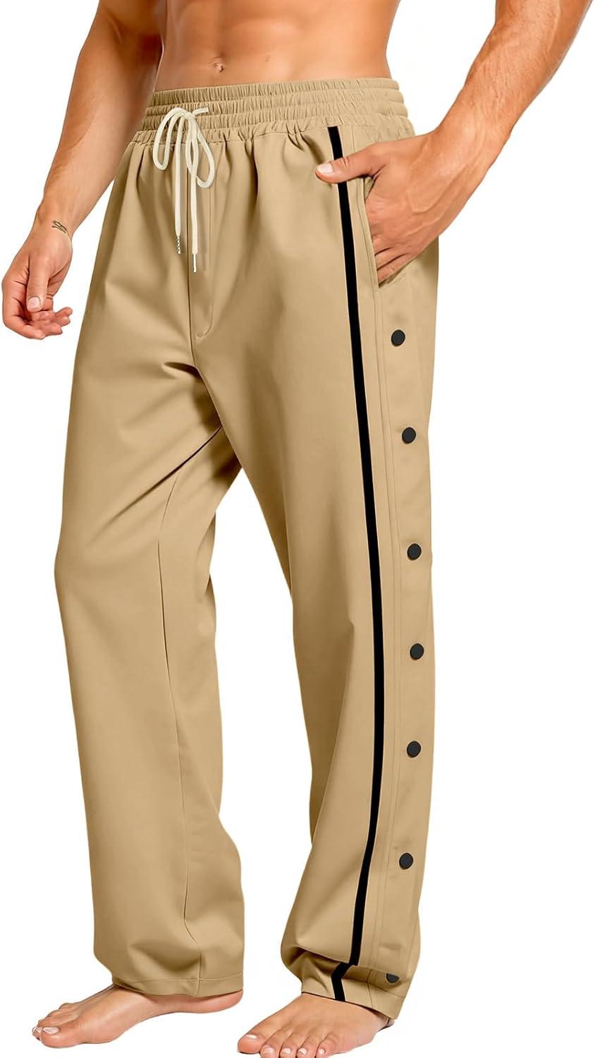 imageMens Youth Tear Away Sweatpants Loose Fit Snap Button Athletic Jogger Basketball Pants with PocketsKhaki