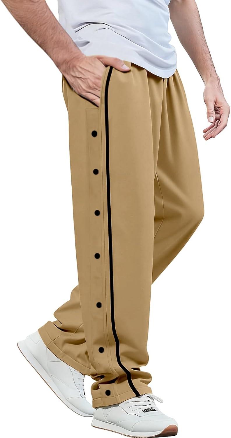 imageMens Youth Tear Away Sweatpants Loose Fit Snap Button Athletic Jogger Basketball Pants with PocketsKhaki
