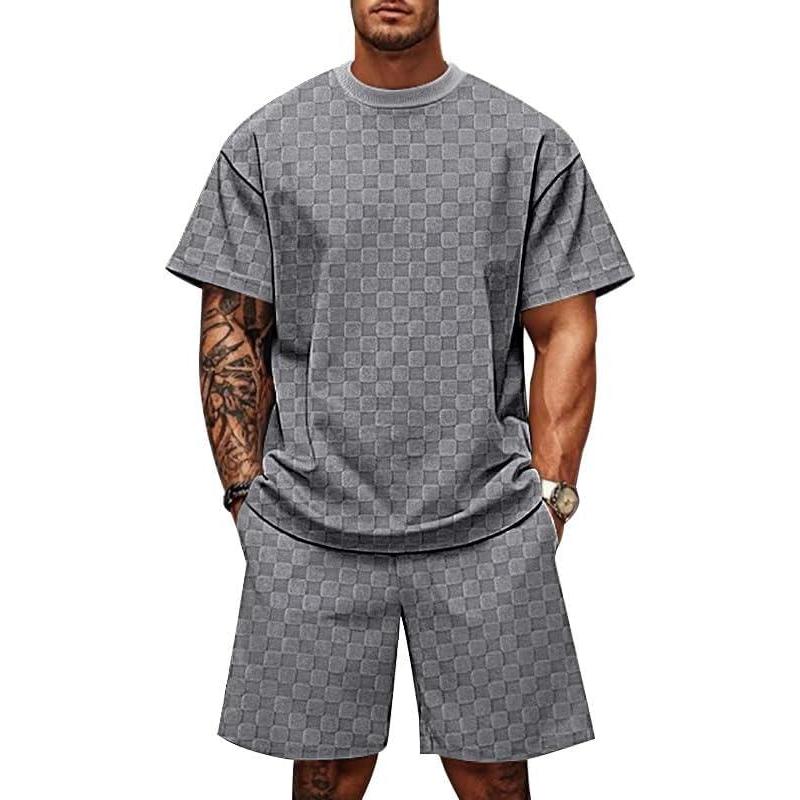 imageMens 2 Piece Set Summer Outfits Casual Geometric Texture Short Sleeve Shirt and Shorts Track Suits for Men SetGrey
