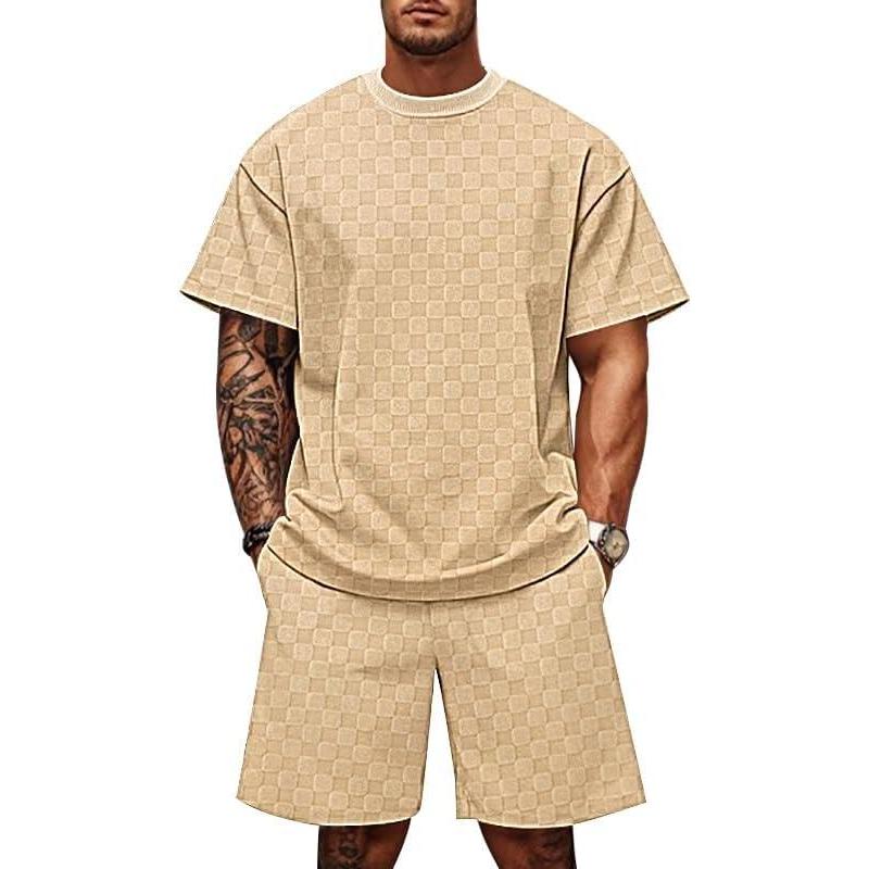 imageMens 2 Piece Set Summer Outfits Casual Geometric Texture Short Sleeve Shirt and Shorts Track Suits for Men SetKhaki