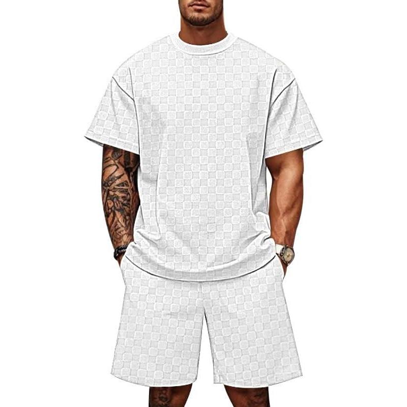 imageMens 2 Piece Set Summer Outfits Casual Geometric Texture Short Sleeve Shirt and Shorts Track Suits for Men SetWhite