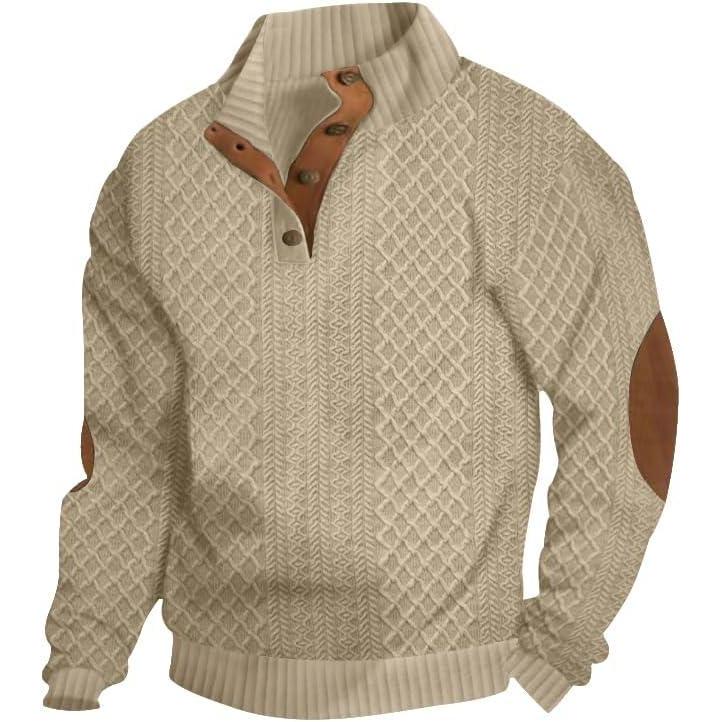 imageMens Block Striped Sweatshirt Casual Outdoor Long Sleeve Stand Collar Pullover Sweatshirt Button Quarter SweaterKhaki