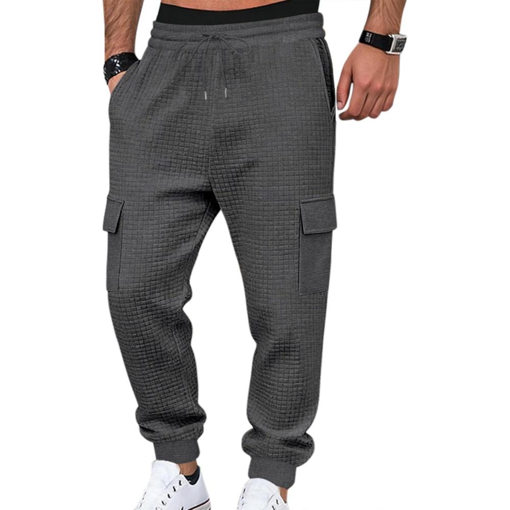 imageMens Cargo Sweatpants Heavyweight Waffle Warm Winter Pants Athletic Drawstring Jogger Pants with PocketsDark Gray