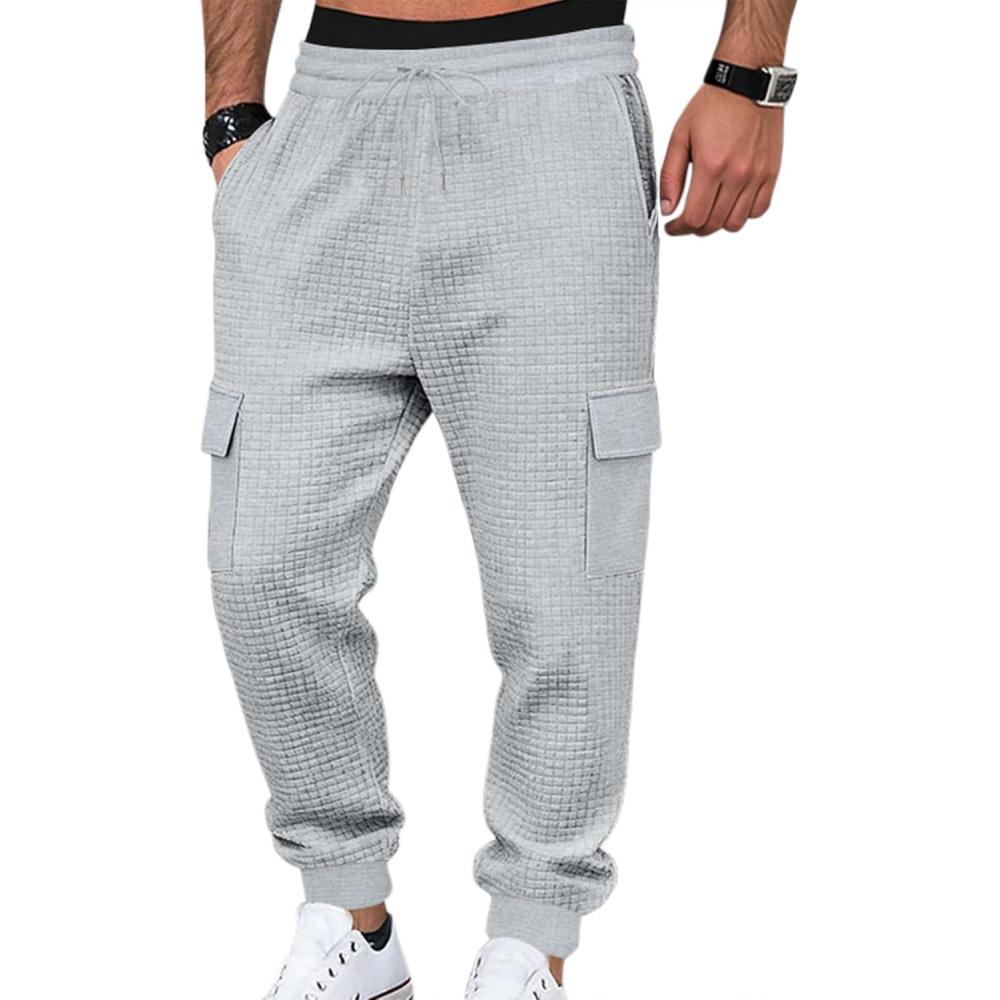 imageMens Cargo Sweatpants Heavyweight Waffle Warm Winter Pants Athletic Drawstring Jogger Pants with PocketsGrey