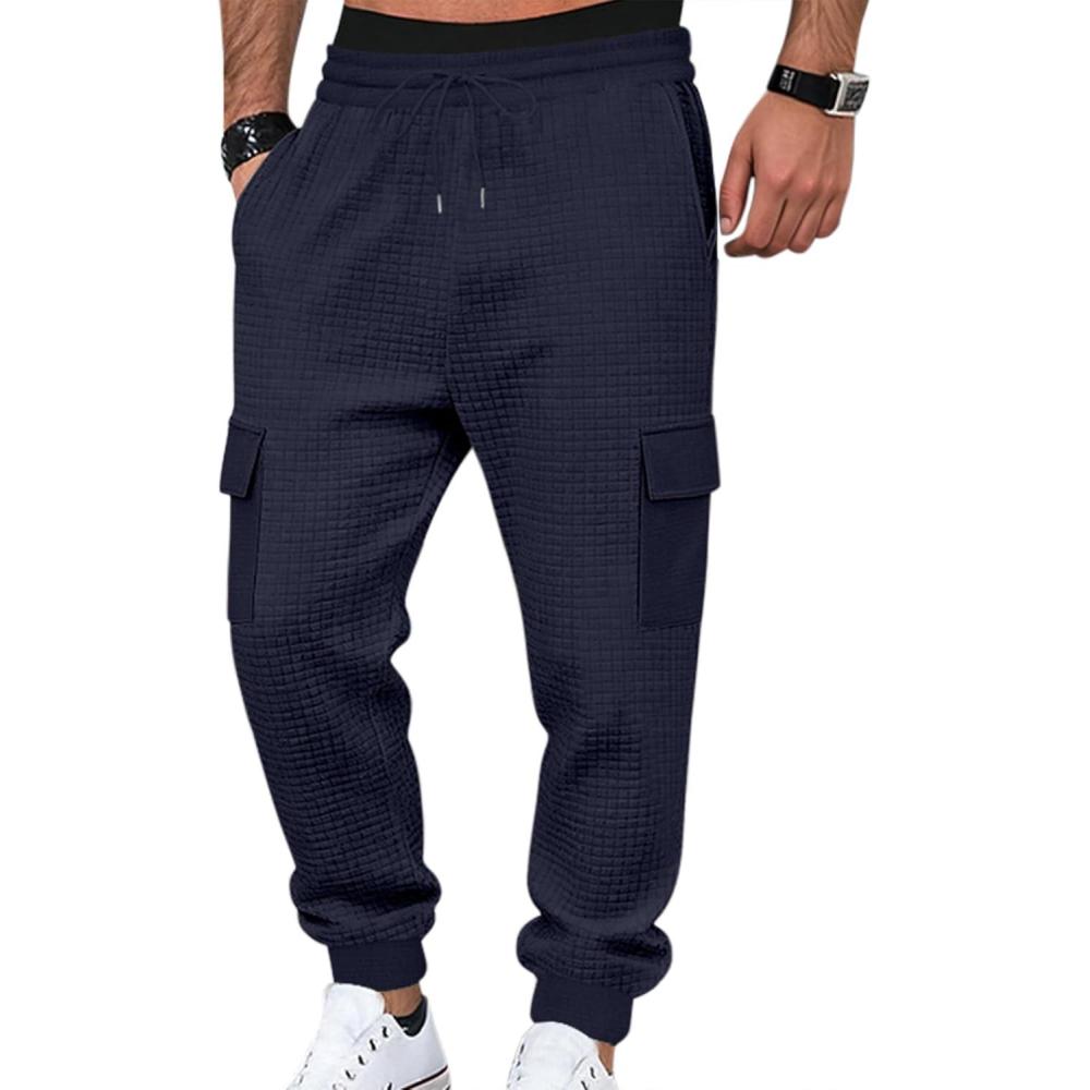 imageMens Cargo Sweatpants Heavyweight Waffle Warm Winter Pants Athletic Drawstring Jogger Pants with PocketsNavy Blue
