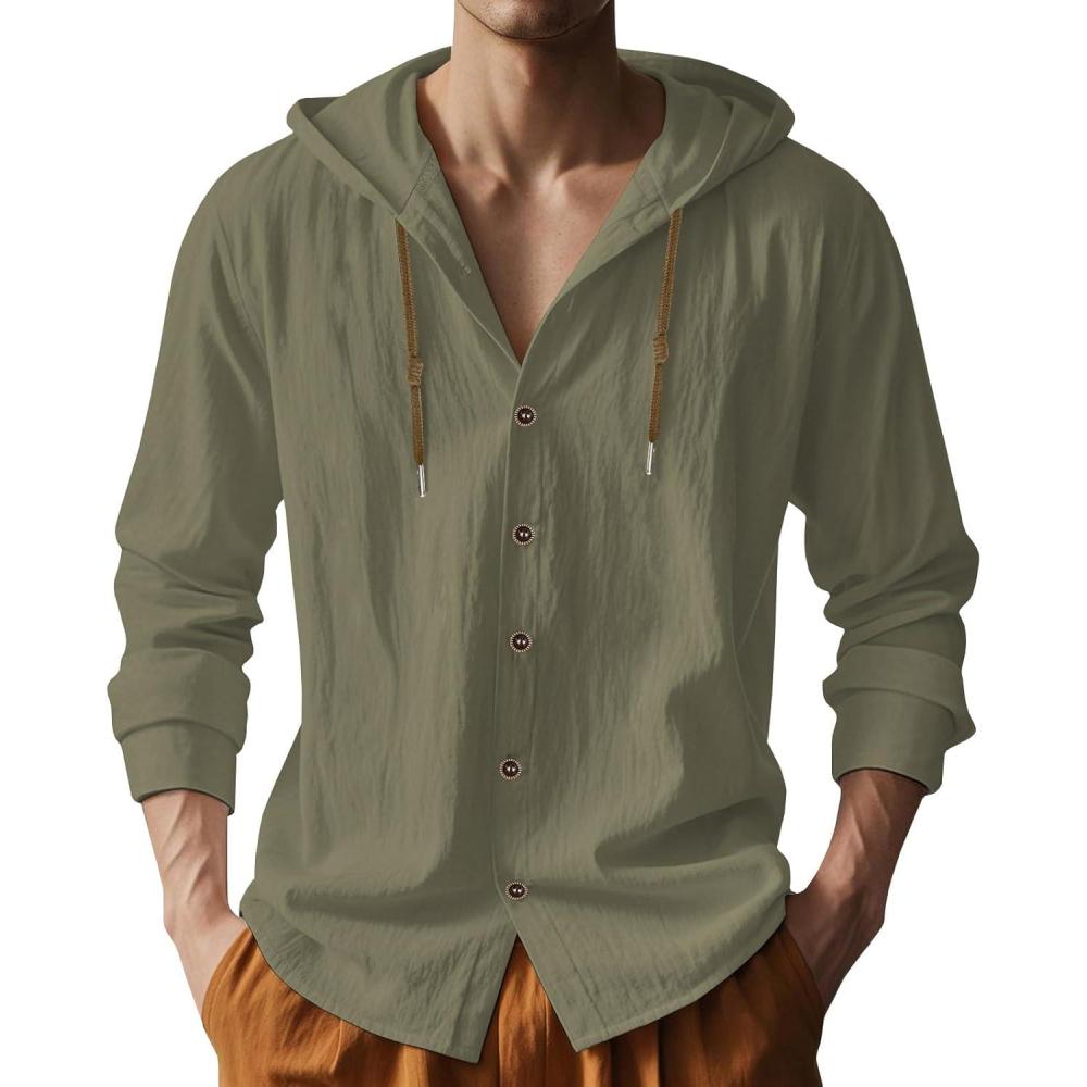 imageMens Cotton Linen Hoodies Lightweight Long Sleeve Button Down Shirts Casual Hawaiian Beach Yoga Tops SweatshirtsArmy Green