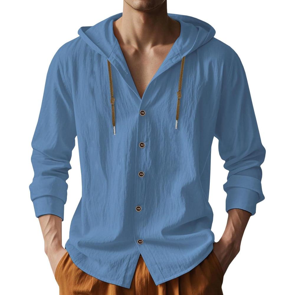 imageMens Cotton Linen Hoodies Lightweight Long Sleeve Button Down Shirts Casual Hawaiian Beach Yoga Tops SweatshirtsDenim Blue