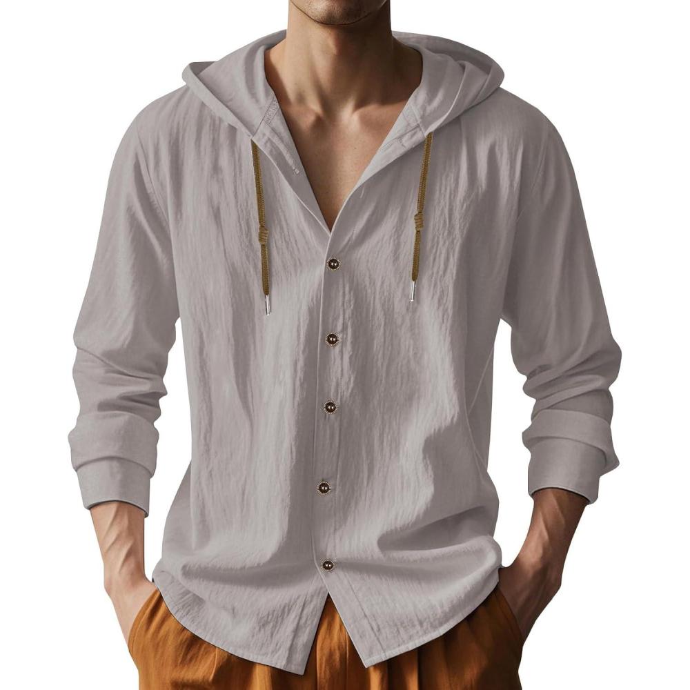 imageMens Cotton Linen Hoodies Lightweight Long Sleeve Button Down Shirts Casual Hawaiian Beach Yoga Tops SweatshirtsGrey