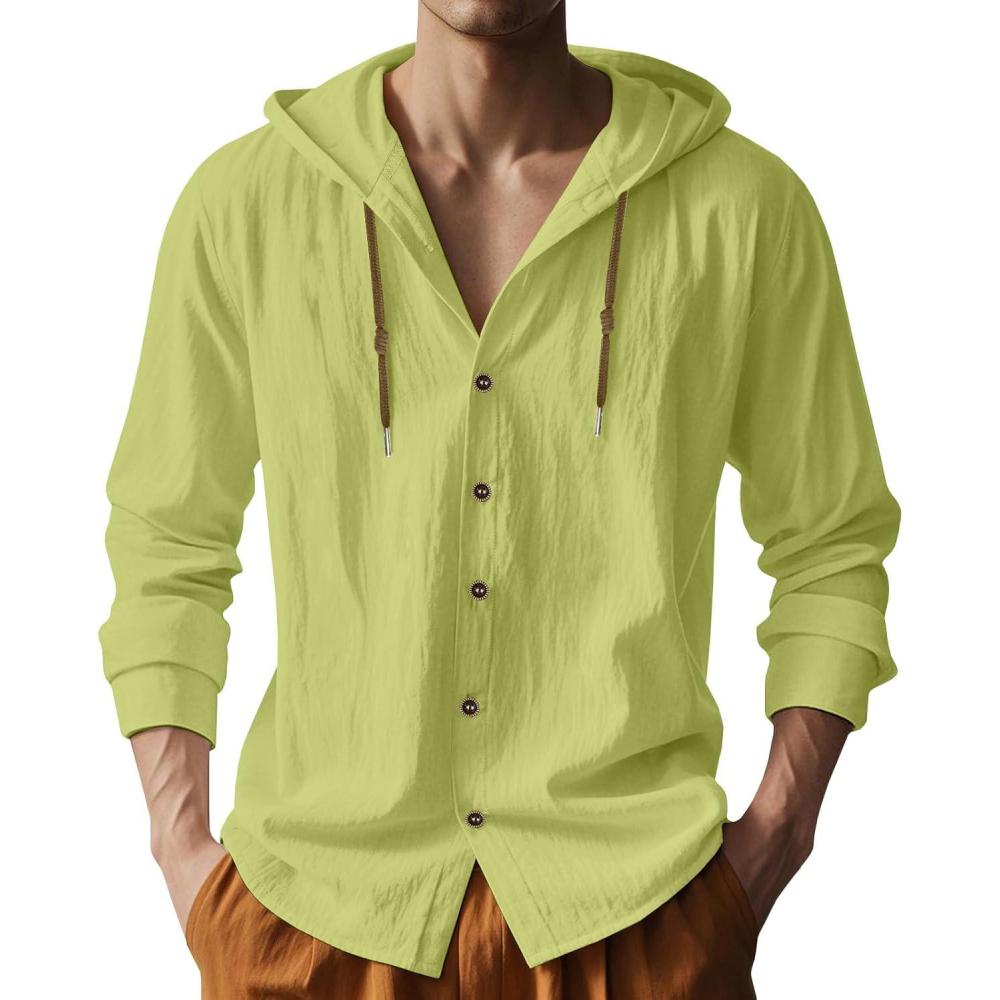 imageMens Cotton Linen Hoodies Lightweight Long Sleeve Button Down Shirts Casual Hawaiian Beach Yoga Tops SweatshirtsLime Green