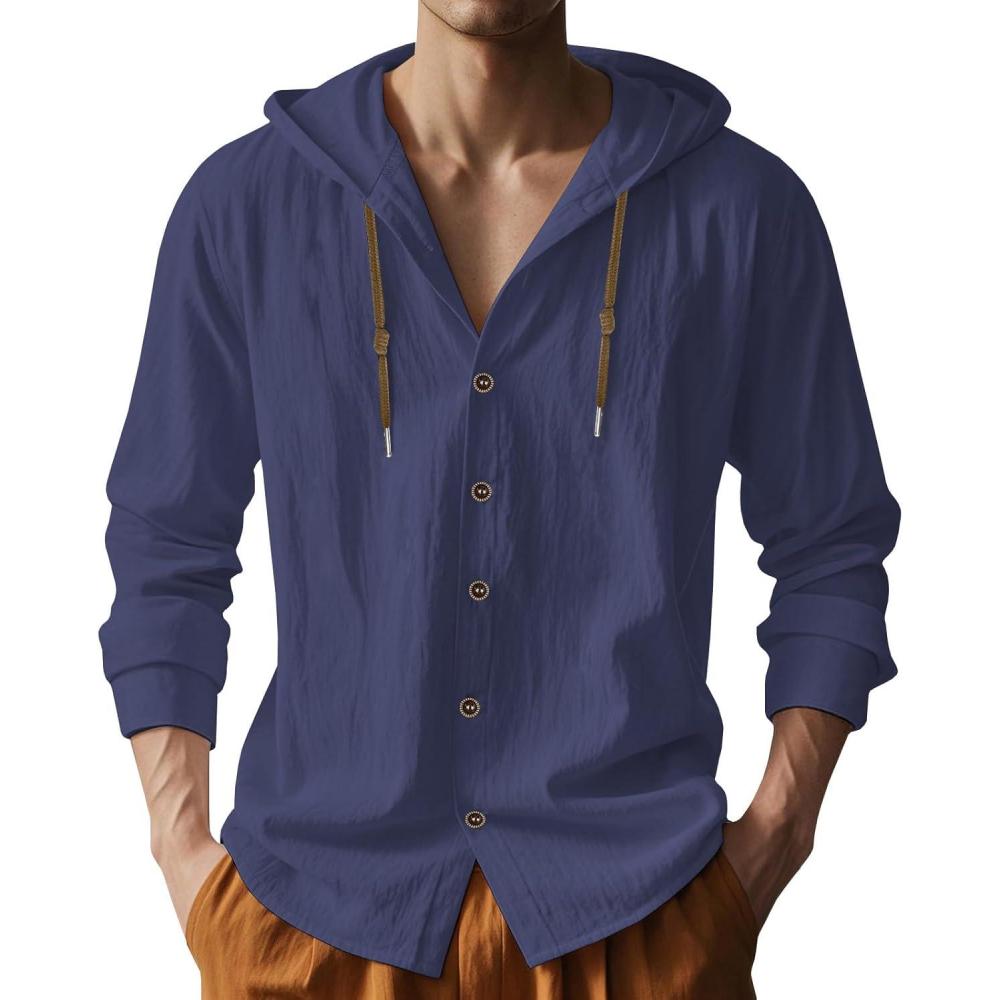 imageMens Cotton Linen Hoodies Lightweight Long Sleeve Button Down Shirts Casual Hawaiian Beach Yoga Tops SweatshirtsNavy
