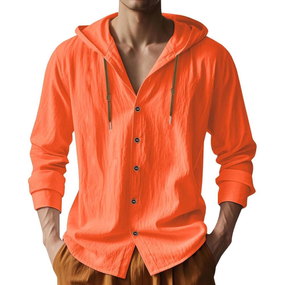 imageMens Cotton Linen Hoodies Lightweight Long Sleeve Button Down Shirts Casual Hawaiian Beach Yoga Tops SweatshirtsOrange