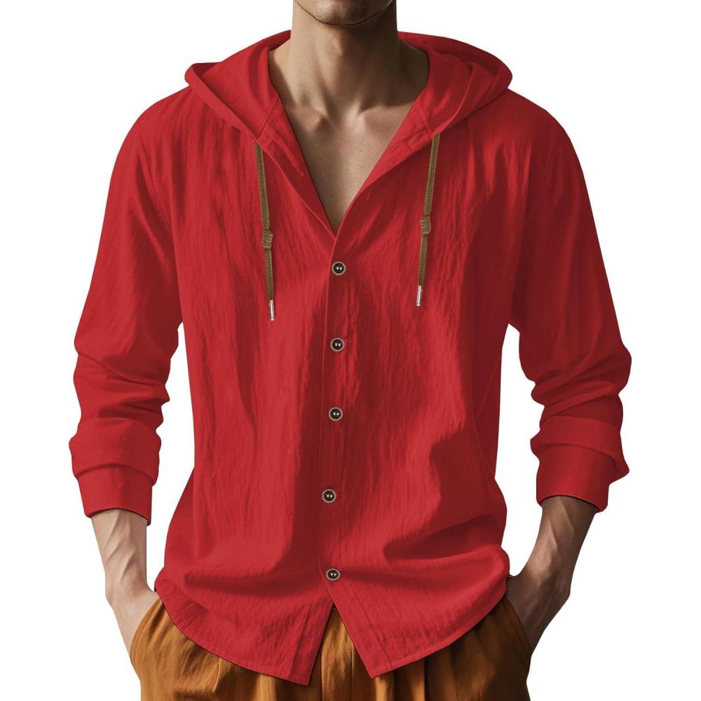 imageMens Cotton Linen Hoodies Lightweight Long Sleeve Button Down Shirts Casual Hawaiian Beach Yoga Tops SweatshirtsRed