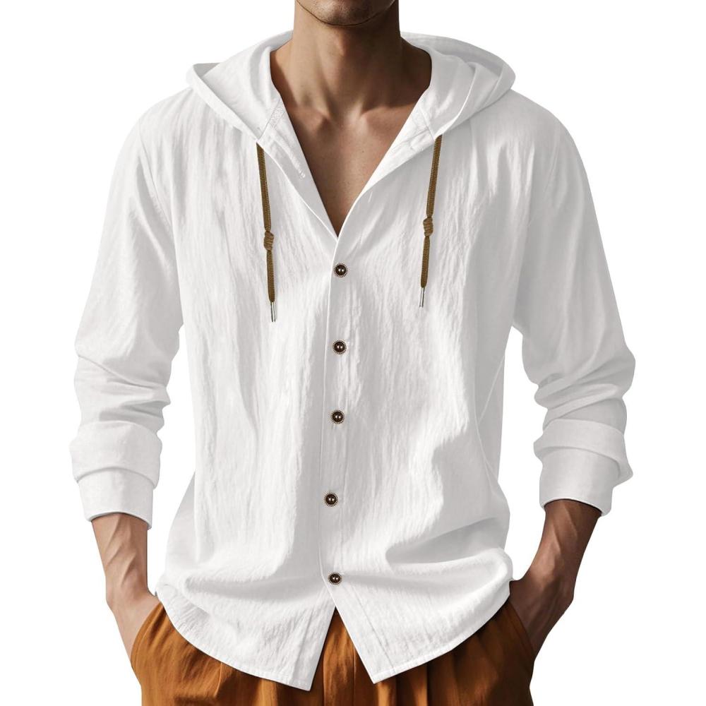 imageMens Cotton Linen Hoodies Lightweight Long Sleeve Button Down Shirts Casual Hawaiian Beach Yoga Tops SweatshirtsWhite