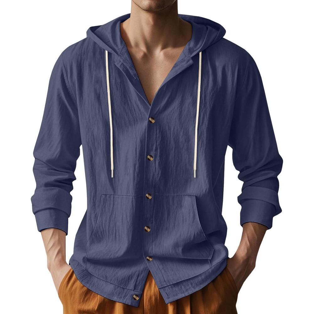 imageMens Cotton Linen Long Sleeve Button Down Shirts with Pockets Casual Hawaiian Beach Shirts Lightweight Fashion HoodiesNavy