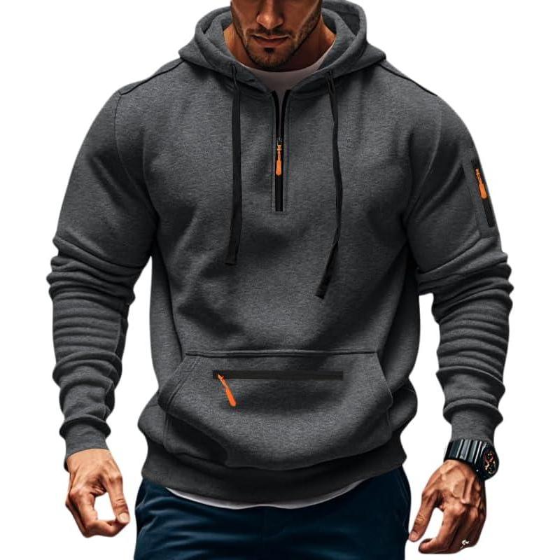 imageMens Fleece Hoodie Sweatshirts Workout Athletic Hoodies Long Sleeve Quarter Zip Pullover Sweatshirt with Kanga PocketsDark Grey