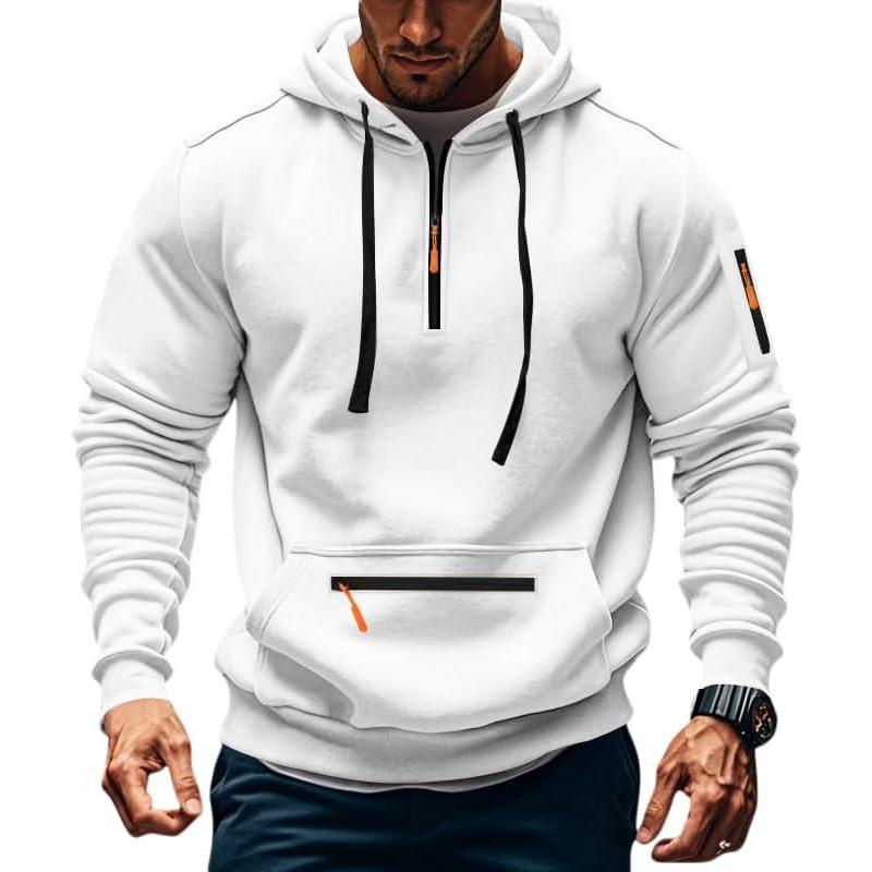 imageMens Fleece Hoodie Sweatshirts Workout Athletic Hoodies Long Sleeve Quarter Zip Pullover Sweatshirt with Kanga PocketsWhite