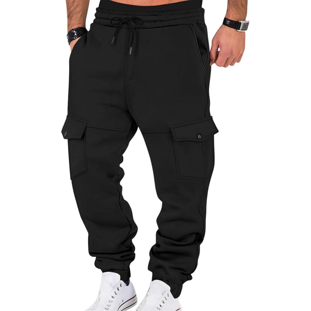 imageMens Fleece Lined Sweatpants Warm Winter Athletic Jogger Pants with 6 Pockets Drawstring Outdoor TrousersBlack