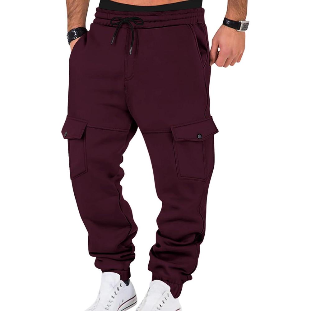 imageMens Fleece Lined Sweatpants Warm Winter Athletic Jogger Pants with 6 Pockets Drawstring Outdoor TrousersBurgundy