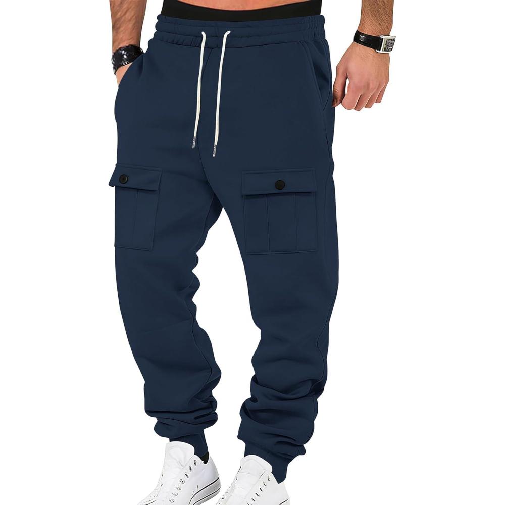 imageMens Fleece Lined Sweatpants Warm Winter Athletic Jogger Pants with 6 Pockets Drawstring Outdoor TrousersIndigo Blue