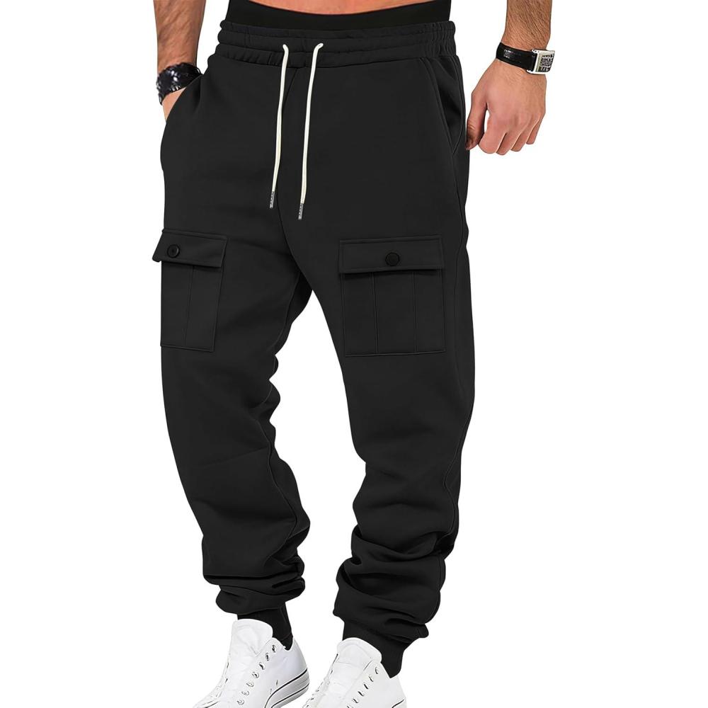 imageMens Fleece Lined Sweatpants Warm Winter Athletic Jogger Pants with 6 Pockets Drawstring Outdoor TrousersJet Black
