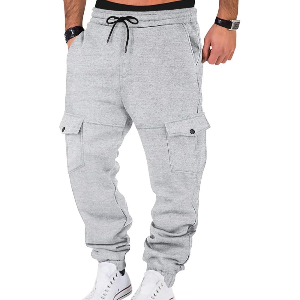 imageMens Fleece Lined Sweatpants Warm Winter Athletic Jogger Pants with 6 Pockets Drawstring Outdoor TrousersLight Grey
