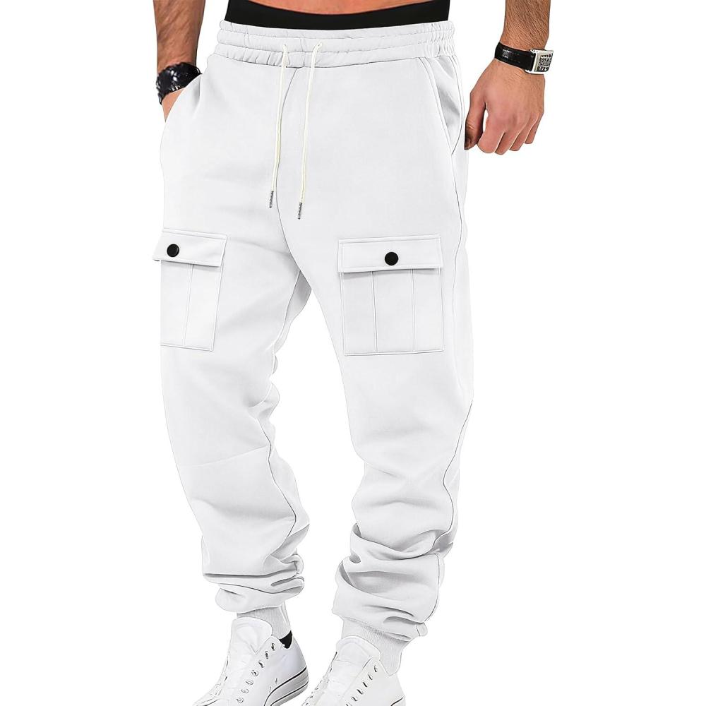 imageMens Fleece Lined Sweatpants Warm Winter Athletic Jogger Pants with 6 Pockets Drawstring Outdoor TrousersWhite