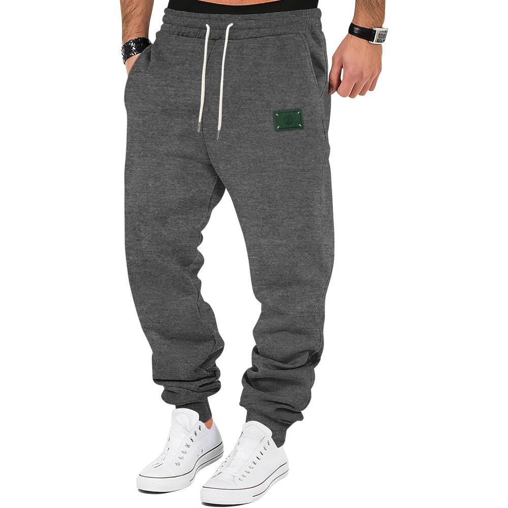 imageMens Fleece Sweatpants Warm Winter Pants Athletic Drawstring Jogger Pants with PocketsDark Grey