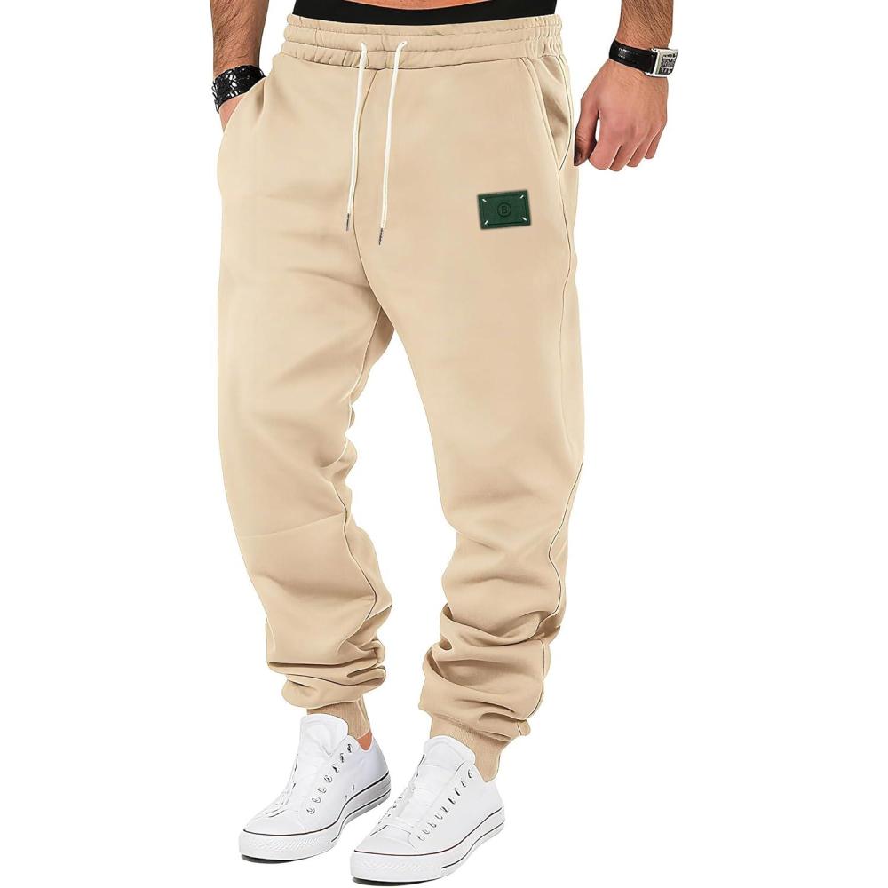 imageMens Fleece Sweatpants Warm Winter Pants Athletic Drawstring Jogger Pants with PocketsKhaki