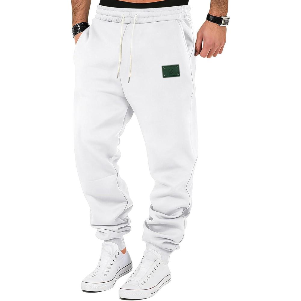 imageMens Fleece Sweatpants Warm Winter Pants Athletic Drawstring Jogger Pants with PocketsWhite