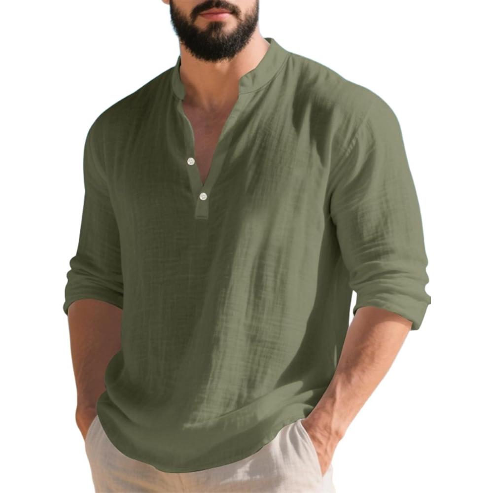 imageMens Linen Henley Shirts Casual Long Sleeve Hippie Yoga Tops Lightweight Summer Beach TShirtArmy Green
