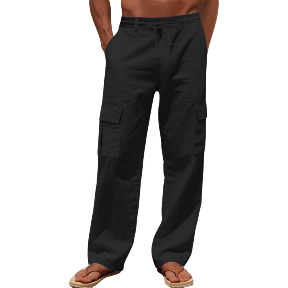 imageMens Linen Pants Casual Cargo Pants Elastic Drawstring Waist StraightLegs Summer Yoga Beach Long Pants with PocketsBlack