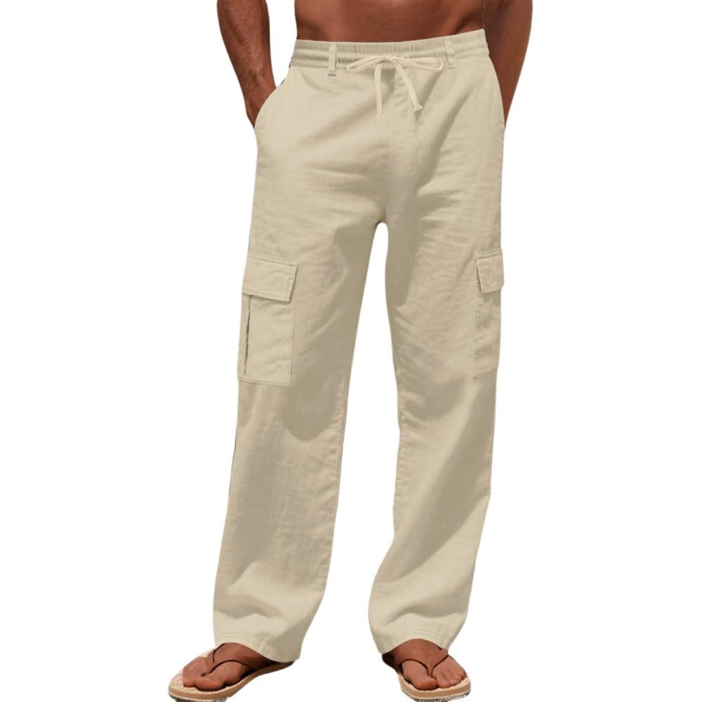 imageMens Linen Pants Casual Cargo Pants Elastic Drawstring Waist StraightLegs Summer Yoga Beach Long Pants with PocketsKhaki