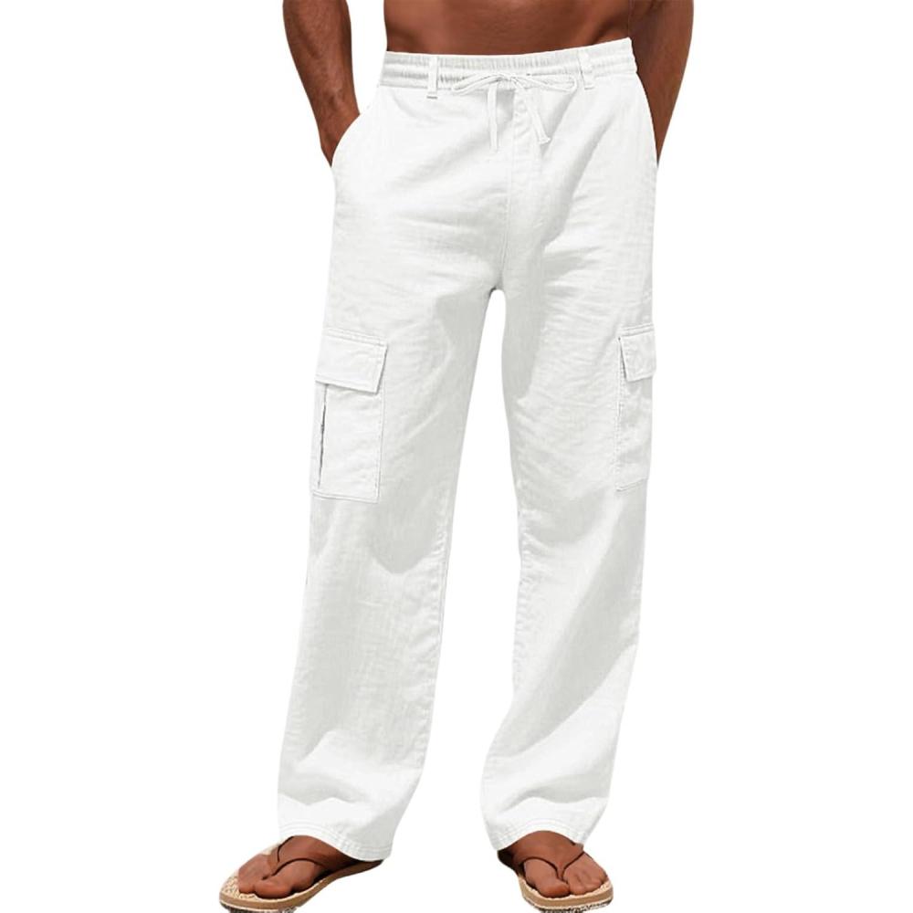 imageMens Linen Pants Casual Cargo Pants Elastic Drawstring Waist StraightLegs Summer Yoga Beach Long Pants with PocketsWhite