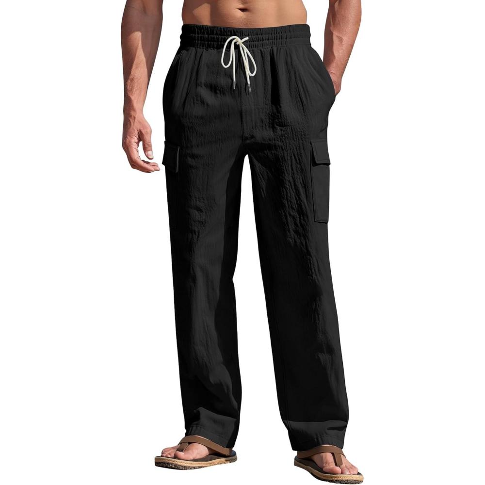 imageMens Linen Pants Casual Cargo Pants with Pockets Lightweight Elastic Waist Drawstring Pants Baggy Beach PantsBlack