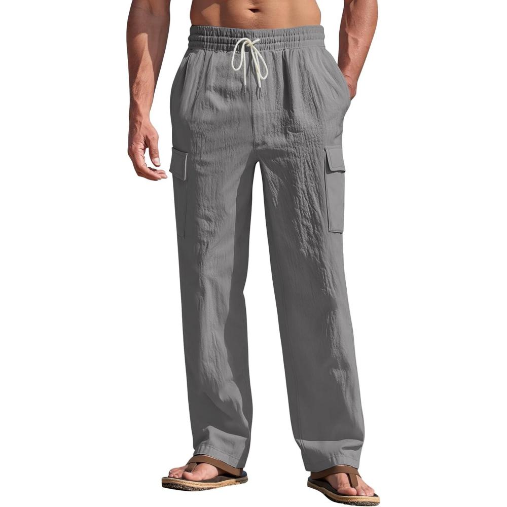 imageMens Linen Pants Casual Cargo Pants with Pockets Lightweight Elastic Waist Drawstring Pants Baggy Beach PantsGrey