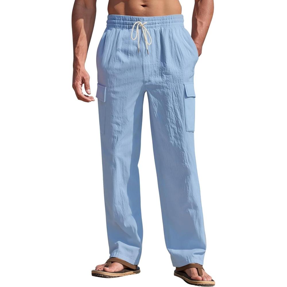 imageMens Linen Pants Casual Cargo Pants with Pockets Lightweight Elastic Waist Drawstring Pants Baggy Beach PantsLight Blue