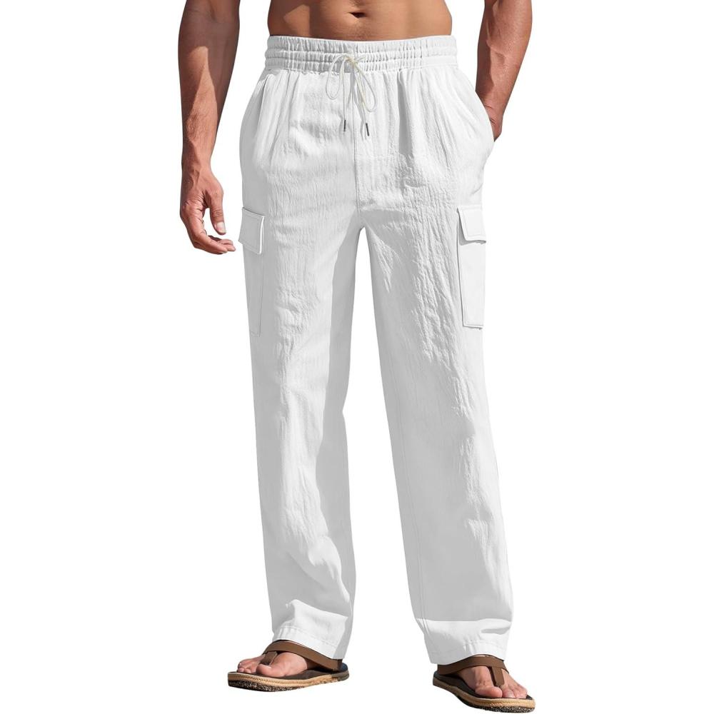 imageMens Linen Pants Casual Cargo Pants with Pockets Lightweight Elastic Waist Drawstring Pants Baggy Beach PantsWhite