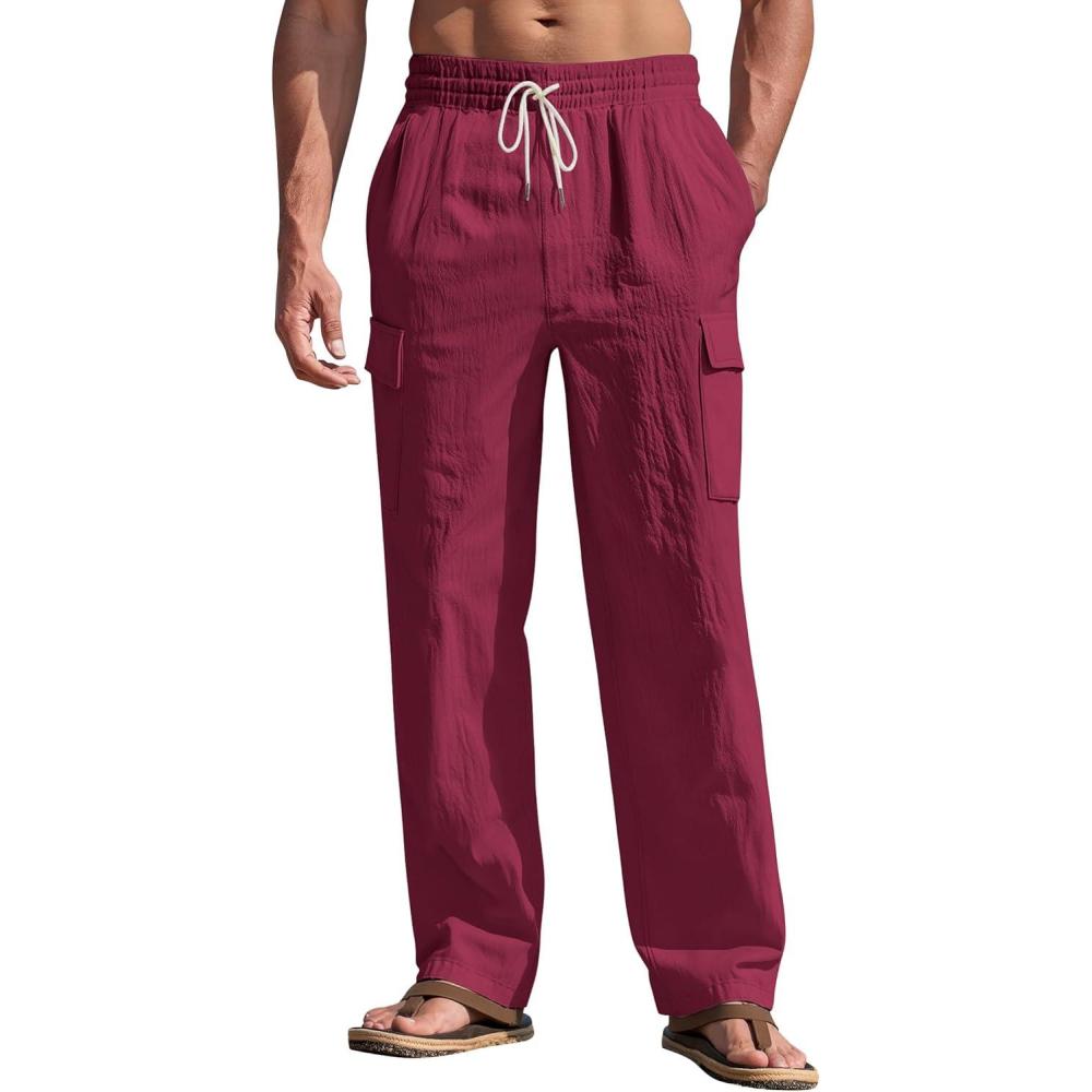 imageMens Linen Pants Casual Cargo Pants with Pockets Lightweight Elastic Waist Drawstring Pants Baggy Beach PantsWine Red