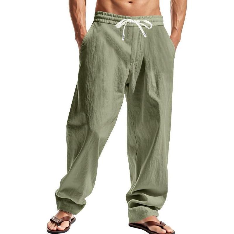 imageMens Linen Pants Casual Summer Beach Pants Elastic Waist Drawstring Lightweight Vacation Trousers with PocketsArmy Green