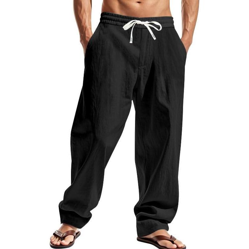 imageMens Linen Pants Casual Summer Beach Pants Elastic Waist Drawstring Lightweight Vacation Trousers with PocketsBlack